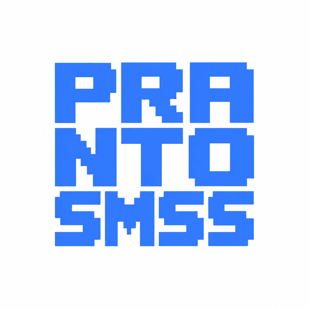 Blue pixel-art typography reading “PRA / NTO / SMSS” arranged in a compact three-row square grid on a white background.